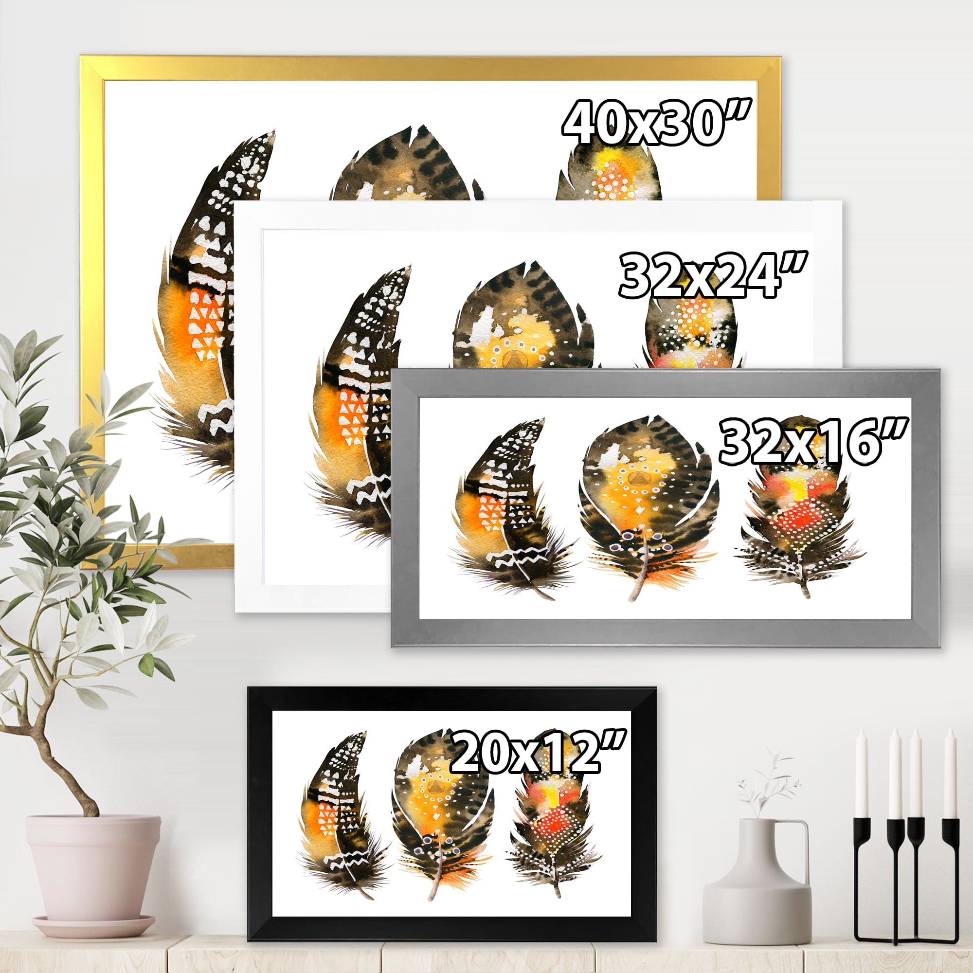 Designart 'Ethnic Boho Art Orange Feathers' Bohemian & Eclectic Framed Art Print