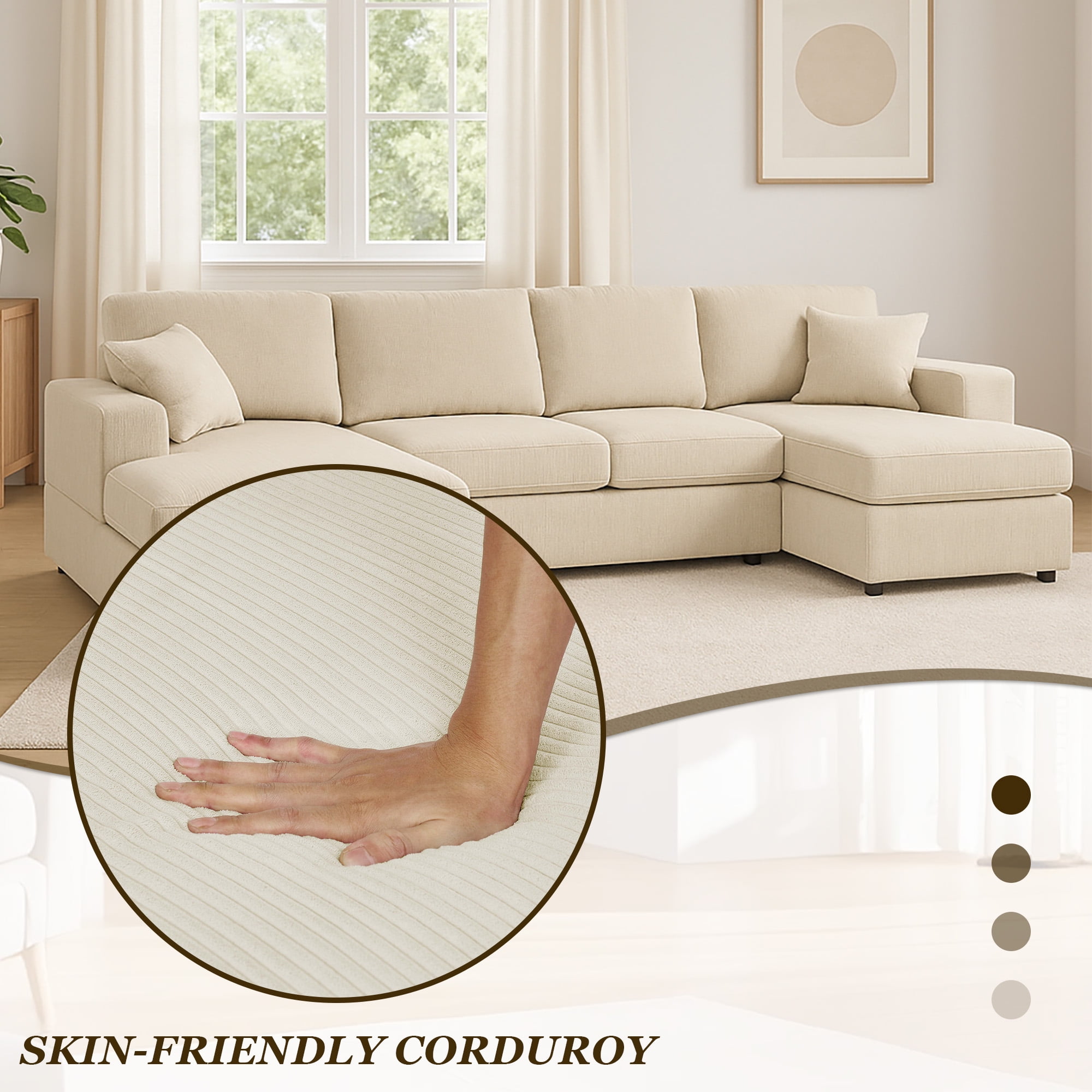 MOONMISS Sectional Sofas with Double Chaise, U-Shaped Cloud Comfy Couches for Living Room, 4 Seats, Beige