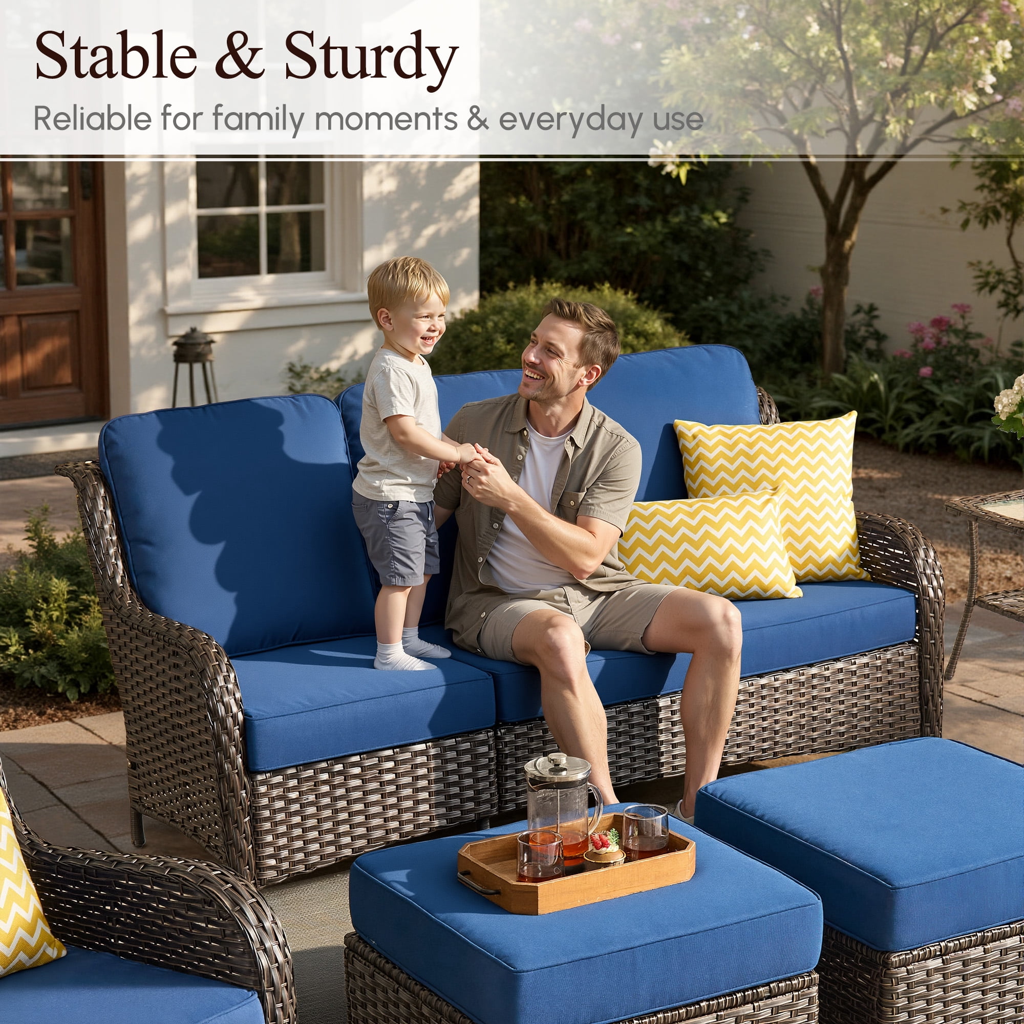 Vcatnet Outdoor Patio Furniture with Fire Pit 7 Pieces Sectioal Sofa All Weather Wicker High-Back Conversation Set with Swivel Glider Rockers, Navy Blue