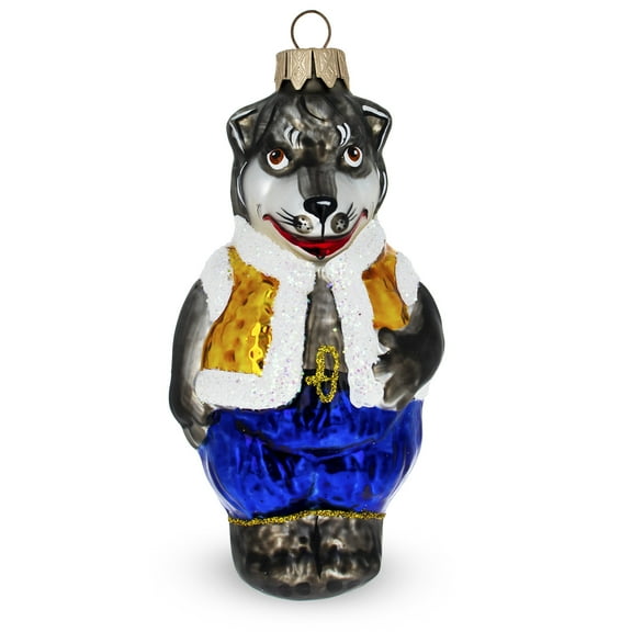 Gray Wolf Wearing Blue Pants and Gold Vest Glass Christmas Ornament