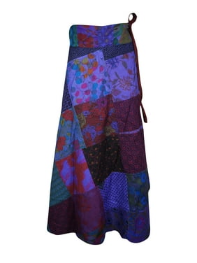 Mogul Women Blue Cotton Long Wrap Skirt Patchwork Printed Beach Cover Up Ethnic Sarong Dresses
