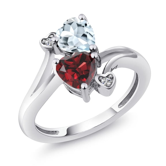 Gem Stone King 925 Sterling Silver Sky Blue Aquamarine Red Garnet and White Moissanite Ring for Women (1.76 Cttw, Heart Shape 6MM, Gemstone March Birthstone, Size 6)