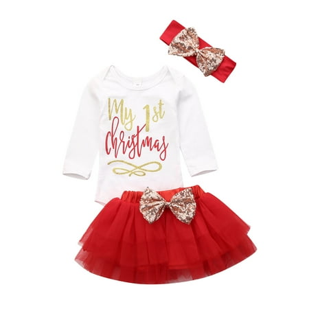 

Newborn Baby Girls Christmas Stretchy Chiffon Tutu Skirt Long Sleeve Romper Sets Dress Bodysuit