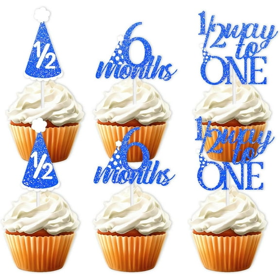 10pcs Blue Glitter 6 Months Dessert Cupcake Topper Cheer to 1/2 Way to One Theme Decor Supplies Baby Shower Boys Girls Happy Half Birthday Party Decorations