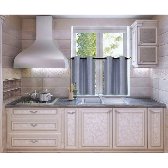 N25 Slate Blue 1-Set Light Filtering Kitchen Window Curtain, 2 Faux Silk Tier Panels With Bronze Grommets on Top
