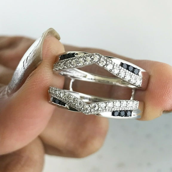 Gems Jewels 2.50 Ctw Round Cut Black & White Diamond Wedding Anniversary Curved Chevron Enhancer Guard Band Ring 14K White Gold Plated 925 Sterling Silver 925 Sterling Silver -7