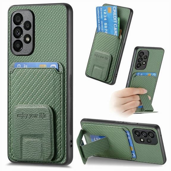 Magnetic Carbon Fiber Case for Samsung Galaxy A23 4G with Holder Kickstand, Fiber Texture Wallet Phone Case with Card Holder Durable Military Grade Protection Cover for Galaxy A23 4G, Green
