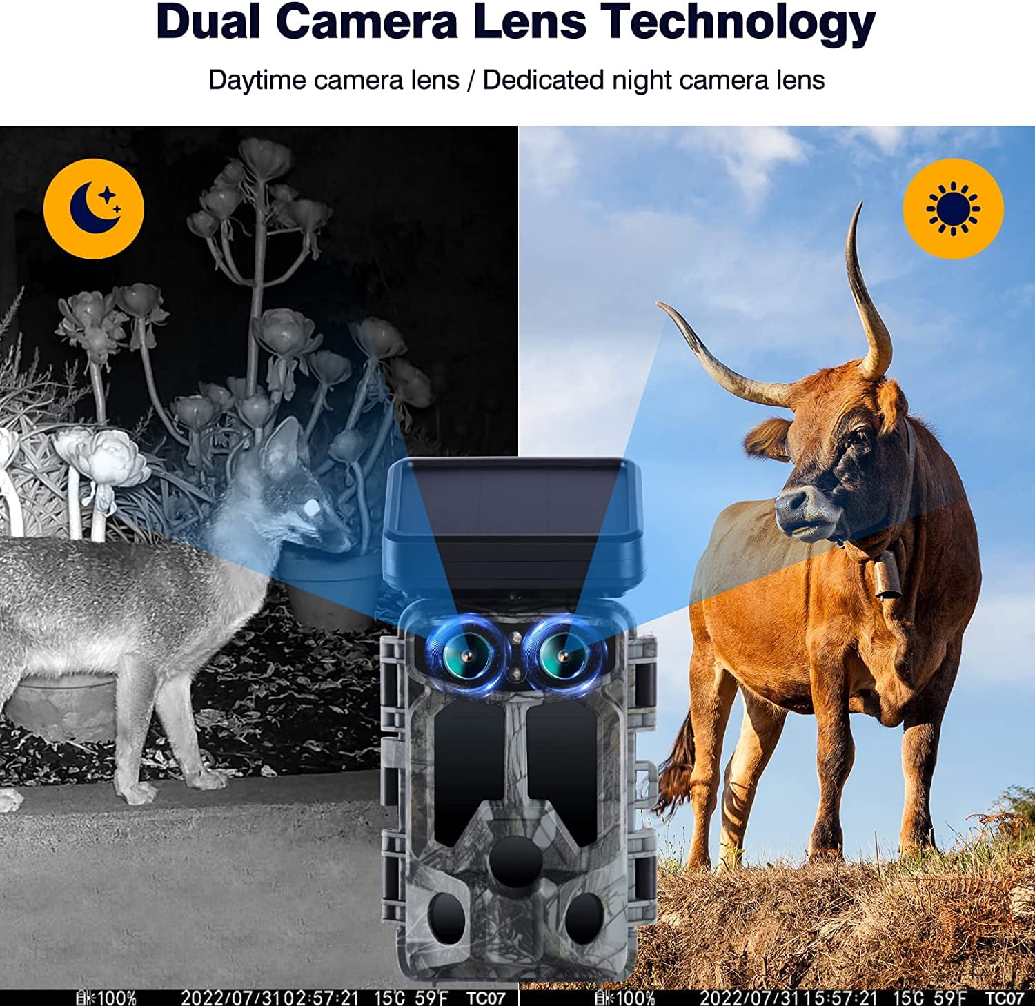CAMPARK Trail Camera - Dual Lens Starlight Night Vision WiFi 4K 30FPS 60MP Hunting Game Cameras with IMX458 0.1s Trigger Sensors H.265 MP4 Video IP66 Waterproof Trail Cam for Wildlife Monitoring