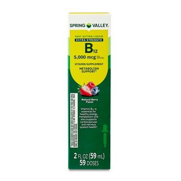 Spring Valley Extra Strength Vitamin B12 Supplement Fast Acting Liquid for Metabolism Support, 5000 mcg, Berry, 2 fl oz