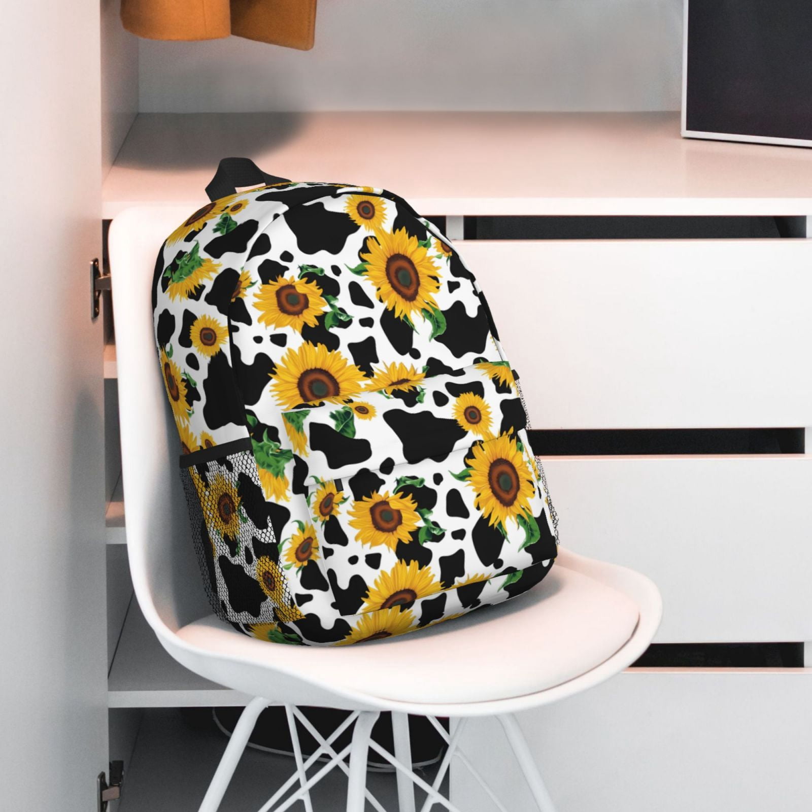 Rateoe Cute Cow Print Sunflower D Pattern Student Backpack Water-resistant Backpack 15-inch Laptop Backpack Lightweight Adjustable School Backpack