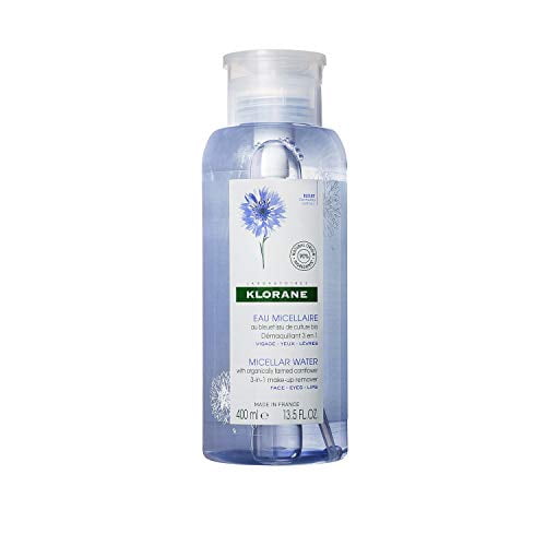 Klorane Micellar water with organically farmed cornflower, for sensitive skin, for face eyes lips, Paraben-free, Fragrance-free, Alcohol-free, 13.5 oz