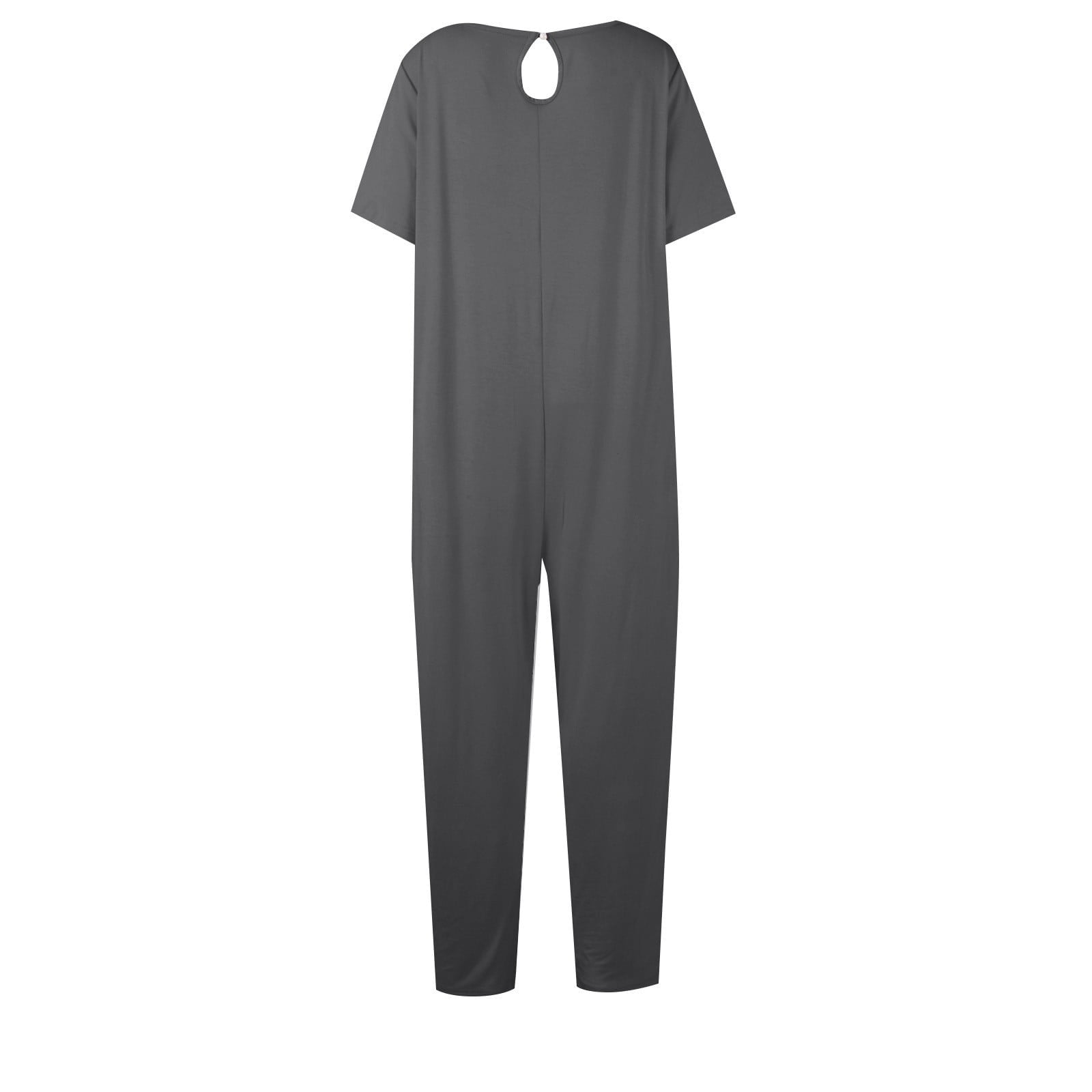 AGWOLF Adult Onesie Pajamas for Women Stretch V Neck Short Sleeve Jumpsuits Loose Fit Solid Ankle Length Pants Summer Rompers with Pockets Soft Sleepwear Homewear One Piece Gray XXL