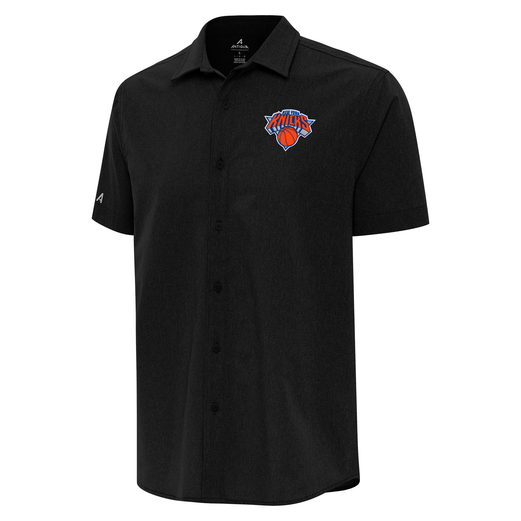 Men's Antigua Black New York Knicks Activate Woven Short Sleeve Button-Up Shirt