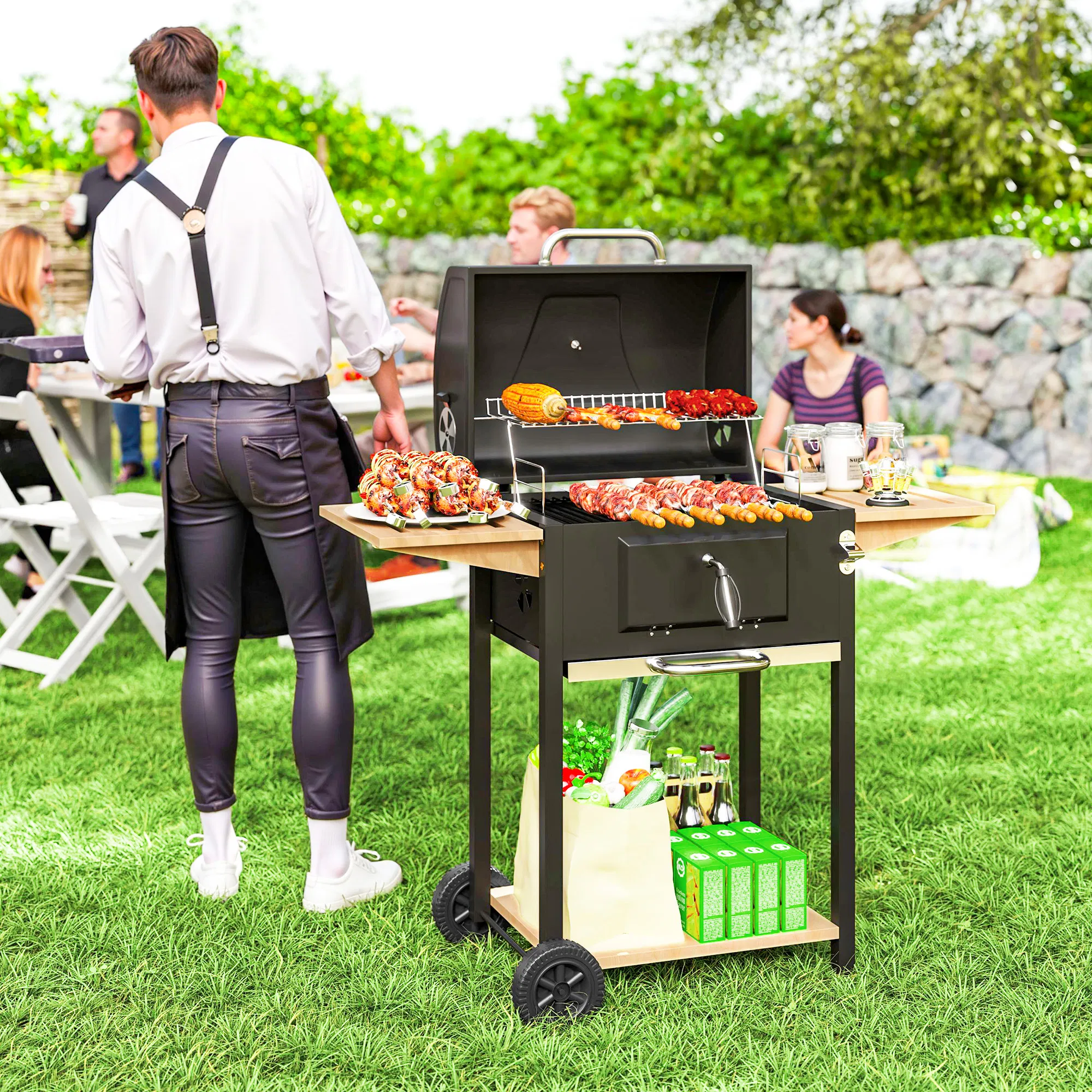 Charcoal BBQ Grill 245 Sq.In. Cooking Area, Outdoor Barbecue Grill with Adjustable Charcoal Pan, 3 Shelves, Thermometer & Wheels, Black for Patio Backyard Picnic