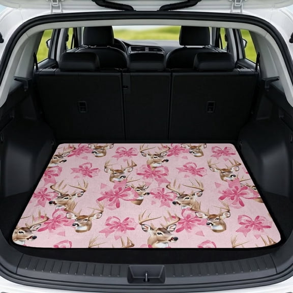 Binienty Pink Deer Bow Print Universal Fit Car Trunk Mat, Non-Slip Backing Scratch Resistant Rear Cargo Liner, Stylish Vehicle Interior Accessory for Sedan SUV 29" x 39