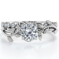 JeenMata Nature Inspired 1.75 Carat Round Cut Moissanite 4 Prong Milgrain Filigree Wedding Set In 18K White Gold Plating Over Silver