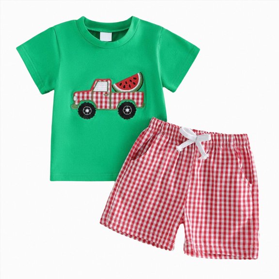Toddler Baby Boys Summer 2 Piece Outfits Car Watermelon Print Short Sleeve Top Plaid Shorts for Beach Play Boys Green 12M