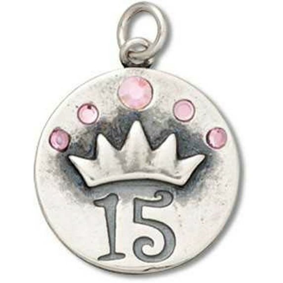Sterling Silver 20" .8mm Round Disk Quinceanera 15 Crown Crystals Birthday Pendant Necklace