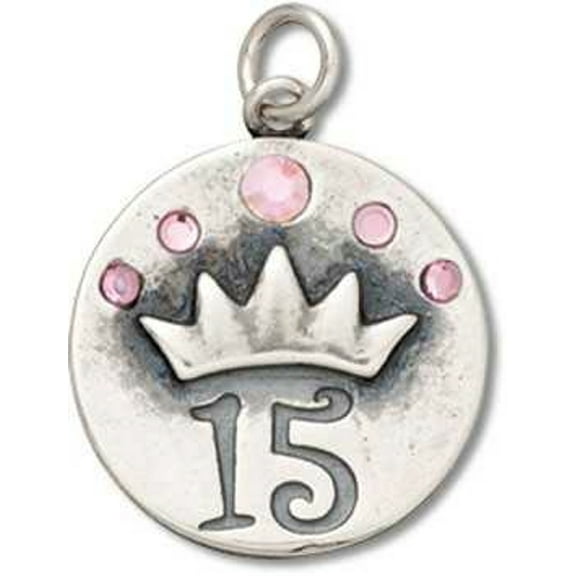 Sterling Silver 16" .8mm Round Disk Quinceanera 15 Crown Crystals Birthday Pendant Necklace