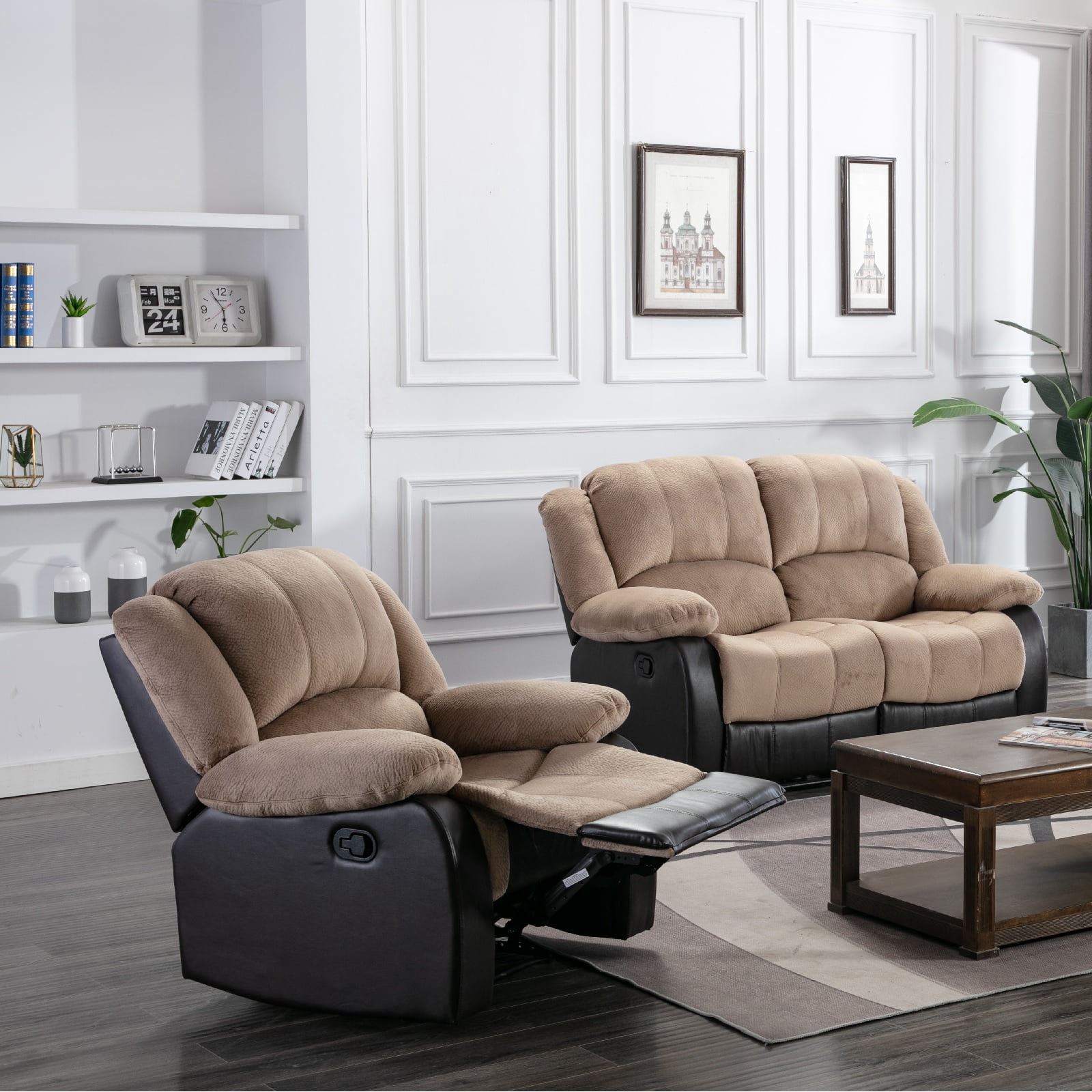 Nathaniel Home Manual Single Recliner Chair, PU Leather Upholstered Couch Sofa, Tufted Reclining Sofa, Plush Scoop Theater Seating, Lounge Chair for Living Room, Beige