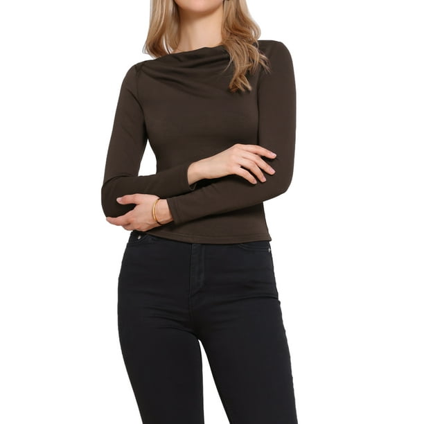 Camiseta ajustada de manga larga INSPIRE CHIC para mujer, con cuello barco y fruncido en la parte delantera, básica y casual, talla XL, color marrón café