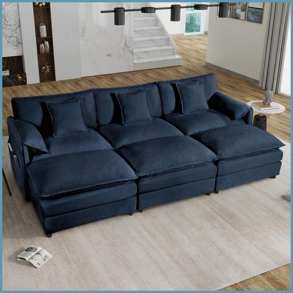 Modern Chenille Modular Sectional Sofa Sleeper with 3 Ottomans & Pillows - Oversized Deep Seat for Living Room/Apartment, Blue