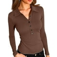 thumbnail image 2 of Womens Deep V Neck Long Sleeve Solid Color Tops Collared Button Down Slim Fitted Polo Shirts Casual Work Tees Coffee M, 2 of 6