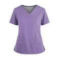 thumbnail image 3 of 2 Pocket Scrub Tops for Women V Neck Short Sleeve Stretch Work Top with Side Slits Crafted from 4 Way Stretch Soft Durable Easy Care Fabric, #02 Purple, M, 3 of 4