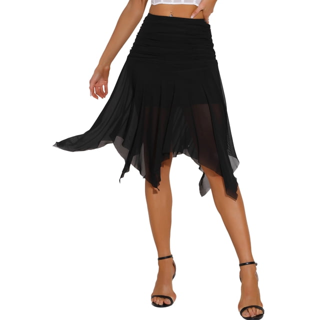 Faldas midi de malla fluidas con fruncidos y cintura alta asimétrica para mujeres INSPIRE CHIC, color negro