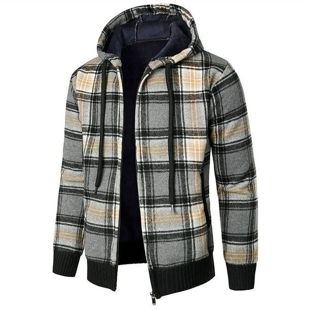 CHGBMOK Clearance Fleece Jackets for Men Plaid Hooded Knitted