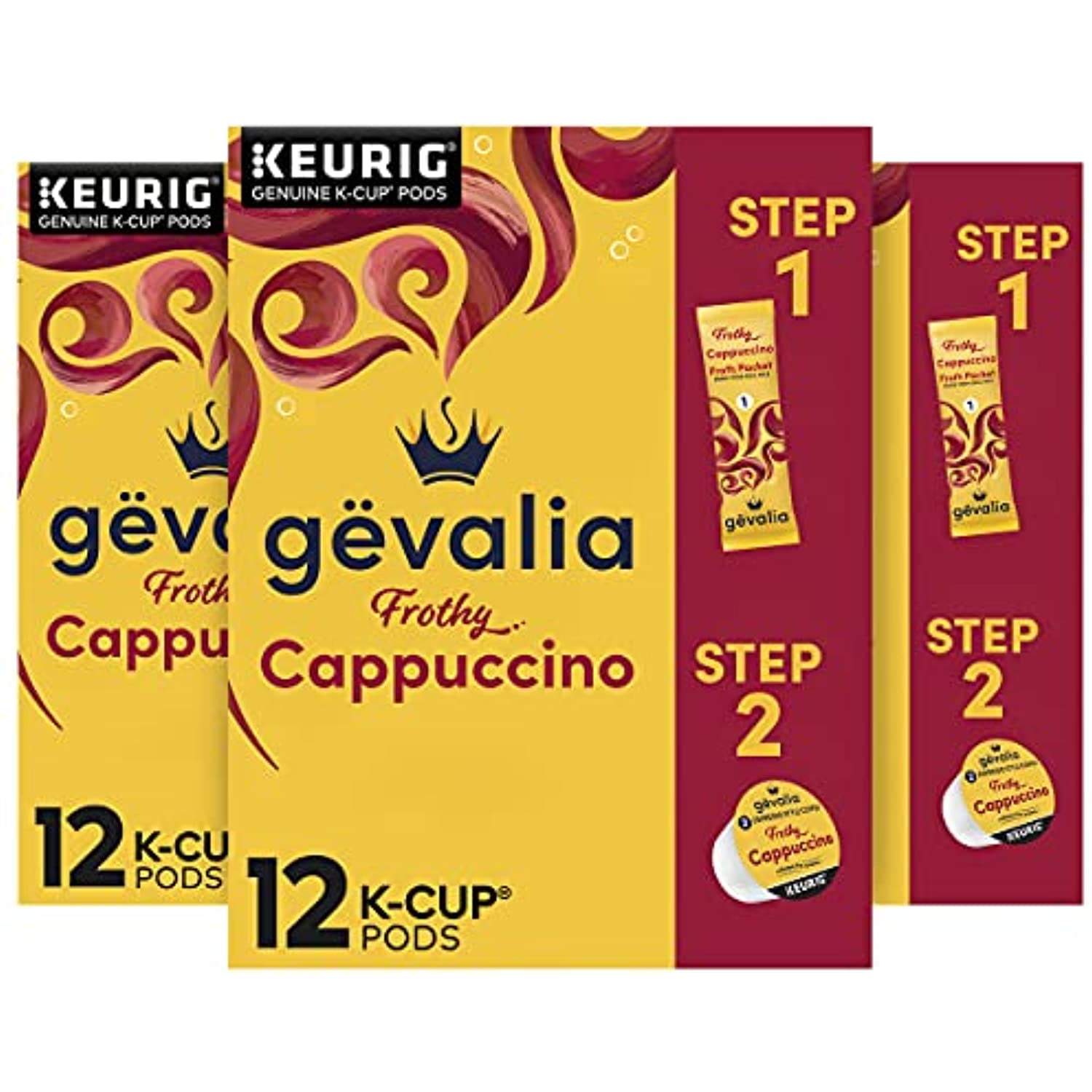 Gevalia Frothy 2-Step Cappuccino Espresso K-Cup Coffee Pods & Froth Packets Kit (36 Ct Pack, 3 Boxes Of 12 Pods With Packets)