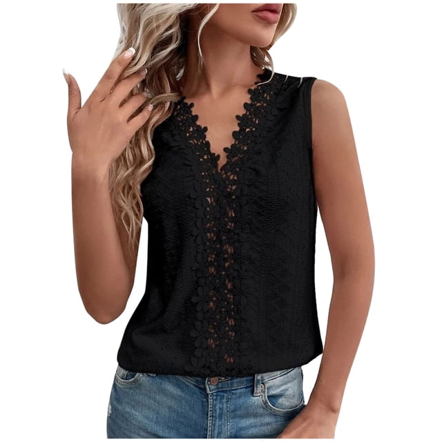 Cameland Mode Femme Été Col en V Sans Manches Uni Dentelle Patchwork Débardeur Blouse Décontractée