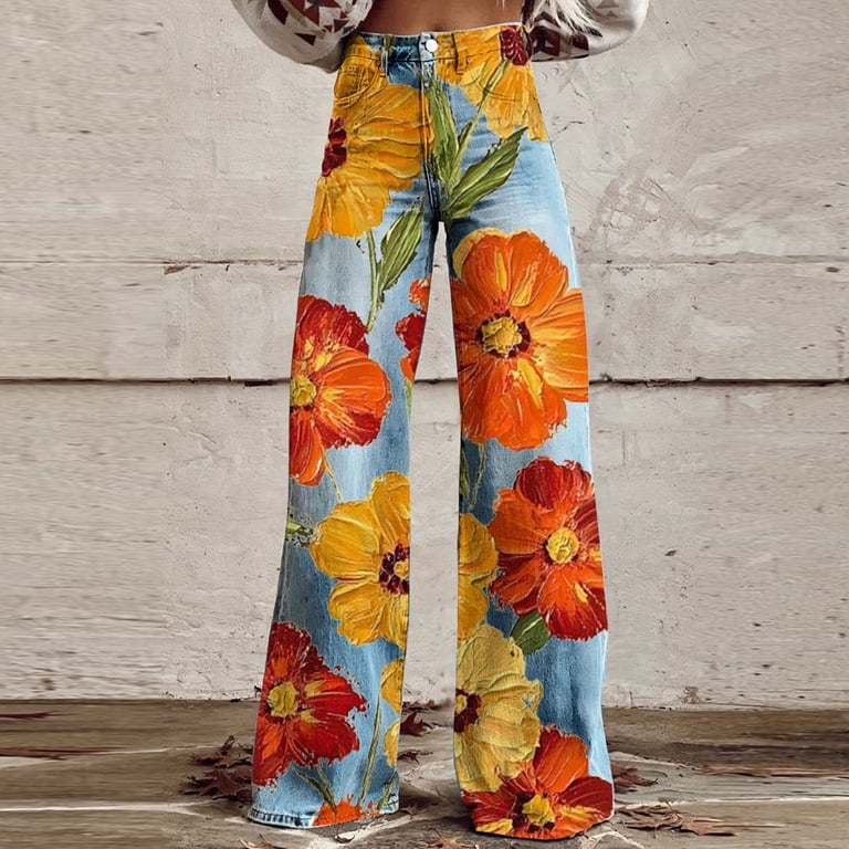 Hueook Floral Jeans for Women Sweatpants Women Wide Leg Fashion