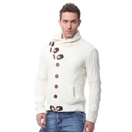 Hemiks Men's Thick Coat Cashmere Turtleneck Wool Lapel Sweater