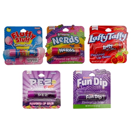 Flavored Candy Lip Balm Tubes (5 Pack) Gift Set Classic Moisturizing (Candy 5 Pack - Laffy Taffy, Fluffy Stuff, Rainbow Nerds, Pez and Fun Dip)