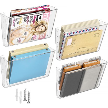 Clear Acrylic Single Pocket, 4 Pack Plastic Wall File Holder, Clear Wall Mounted File Organizer, Mail Organizer for Home, Office and School, 13x4x7 inches