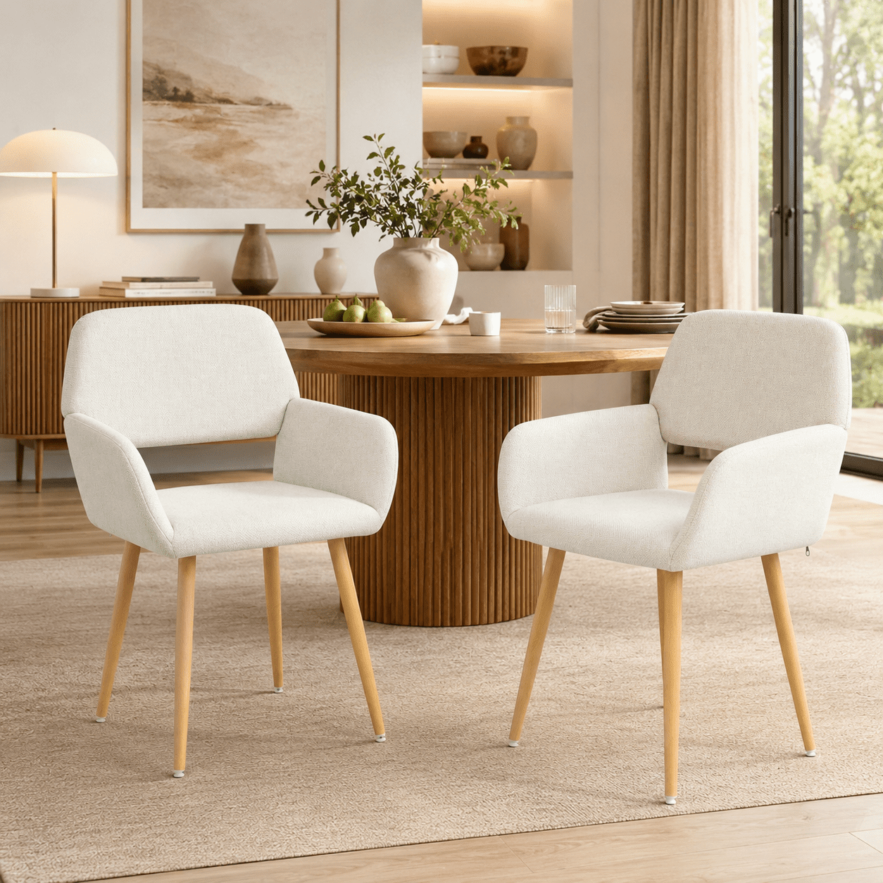 Homy Casa Set of 2 Beige Upholstered Dining Arm Chairs, Fabric Accent Chairs with Natural Wood Legs
