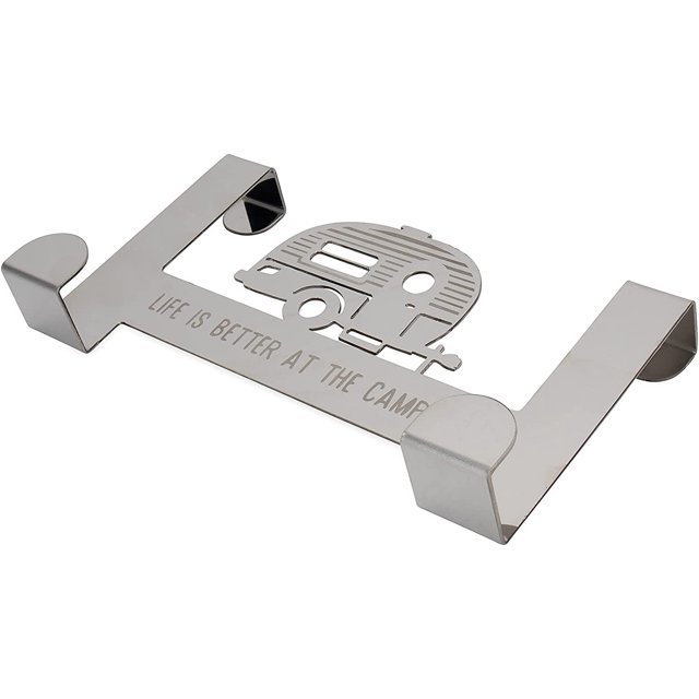 Camco Life is Better at The Campsite Over-The-Cabinet Hooks | Features Retro Camper/RV Design & Easy No-Tool Installation | Fits Doors Up to .75" Thick & Crafted of Heavy-Duty Stainless Steel (53381)