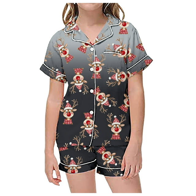 FAOWME Vêtements d'Intérieur d'Été pour Enfants Garçons Filles T-Shirt à Manches Courtes Imprimé Col Rond Pantalons Courts Pyjamas Costumes Bébés Gris 8-9 Ans