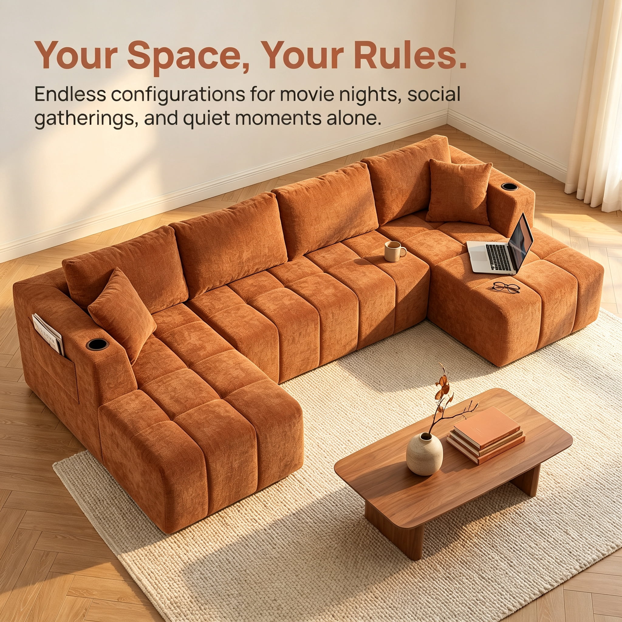 ShiKeyi 132.5" Modern U-Shaped Modular Sectional Sofa with Double Chaise, Premium Chenille Fabric Cloud Couch Set with Cup Holders & Storage Pockets for Living Room, Orange