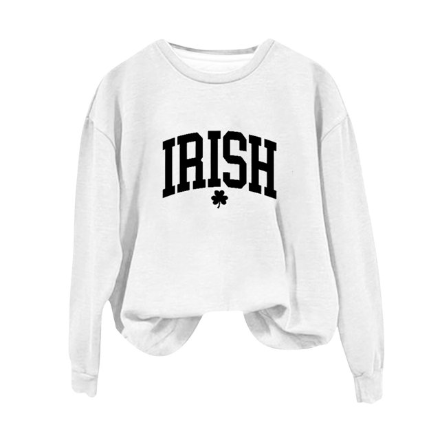 Fadeal Chandail en Molleton de la Saint-Patrick pour Femmes Printemps Col Rond Imprimé Lettre Saint-Patrick Décontracté Chandail à Capuchon Blanc S