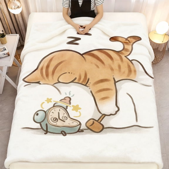 1pc Cozy Sleeping Cat Pattern Flannel Blanket Soft Light Beige Machine Washable Contemporary Style with Cartoon Cat & Mouse Design All Season Comfort Perfect for Living Room or Bedroom Decor