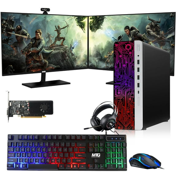 Restored HP G3 Gaming Desktop PC,Intel Core i5 4th Gen,GTX 1030 Graphics,16GB RAM,240GB SSD | 2TB HDD,MTG New 24 Inch Dual Monitor,RGB Keyboard Mouse,Headphone,Webcam,Windows 11 Pro