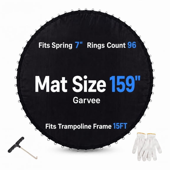 15FT Trampoline Replacement Jumping Mat for Round Frames with 96 V-Loops, Fits 7" Springs 159" Mat with Pull Hook and Gloves for USA Trampolines, Black