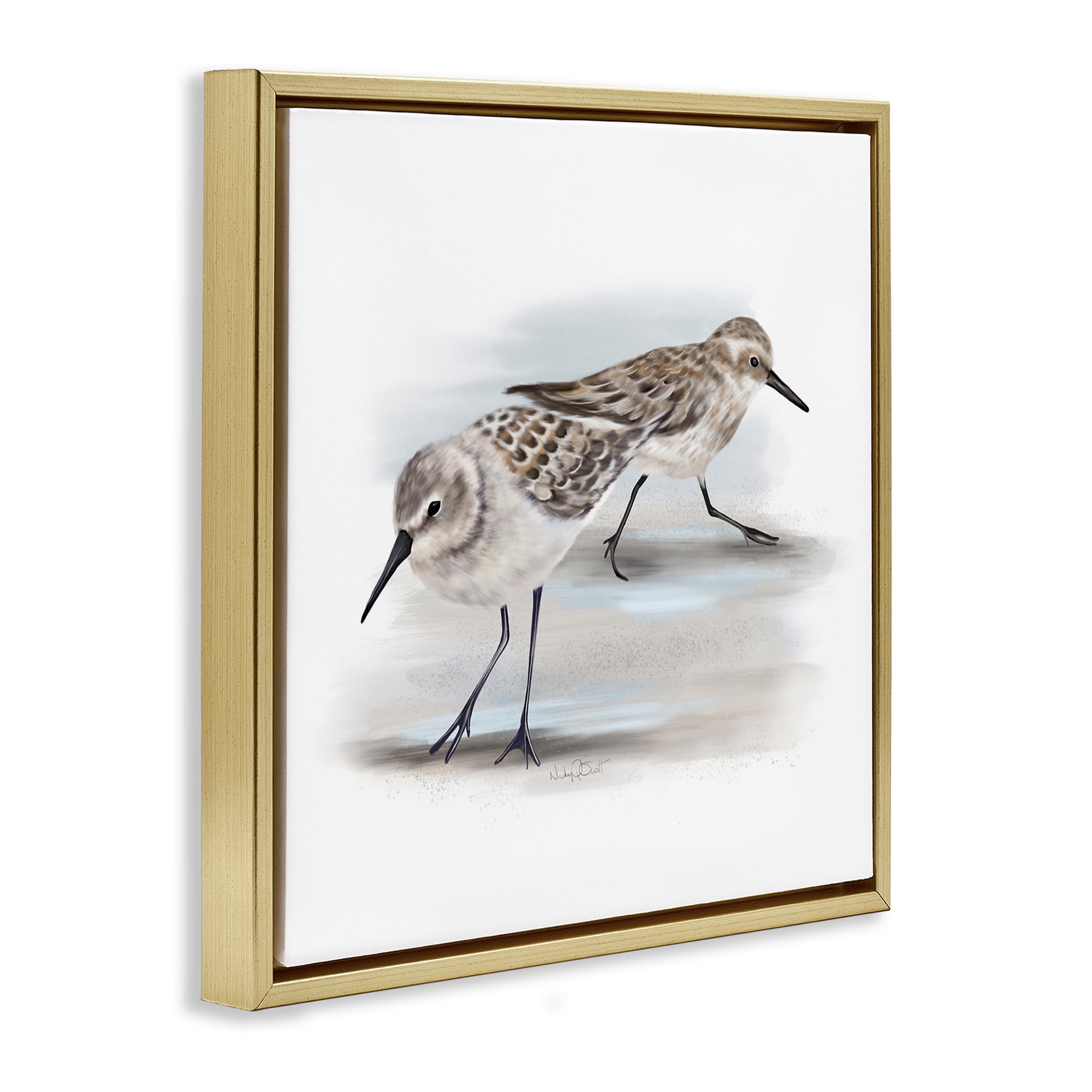 Stupell Industries Sandpiper Pair on Sandy Beach Animals & Insects Drawing Gold Floater Framed Canvas Art Print Wall Art, 18 x 18