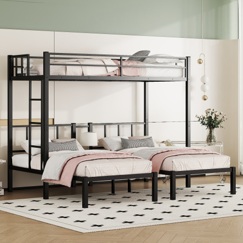 Metal Triple Bunk Bed for Kids,Twin Over Twin Over Twin Bunk Bed with Full-Length Guardrail and Ladder,Separates Into 3 Twin Beds,Noise Reduced Structure,Black