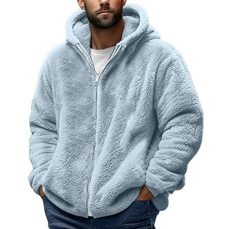 Husipze Men Sherpa Jacket Winter Long Sleeved Velvet Hooded Jackets Warm Soft Full Zipper Thickened Coat with Pockets Light Blue L