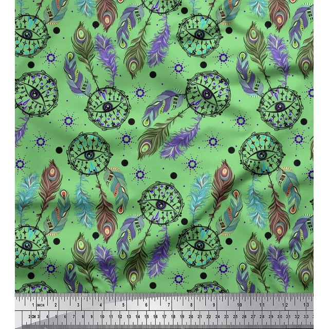 Soimoi Polyester Crepe Fabric Eye,Dot & Peacock Feather Printed Fabric 1 Yard 42 Inch Wide