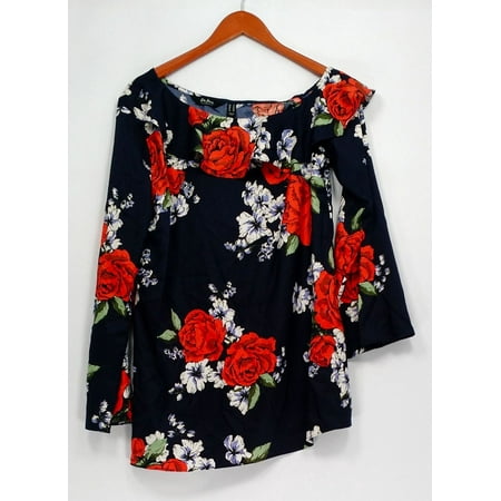 Leopard Print Ruffle Trim - Du Jour Top Sz 6 One Shoulder Printed Tunic w/ Ruffle Trim Blue A293738