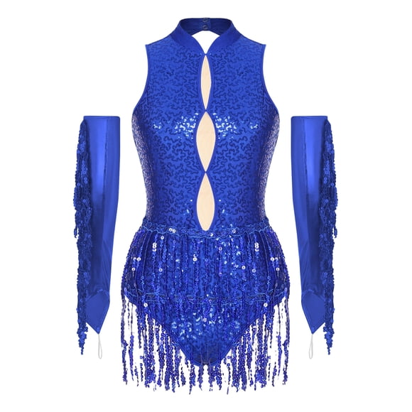 Riismen Women's Jazz Dance Costume Set Sequined Leotard with Gloves Salsa Rumba Ballroom Dance Dress Dancewear Royal Blue M